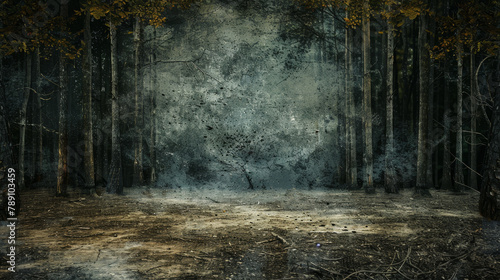 Grungy forest scene with mist and a dark  textured background.