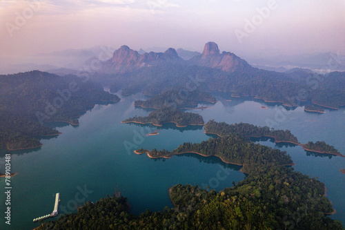 Aerial view of Khao Sok national park at sunrise, in Cheow lan lake, Surat Thani, Thailand photo