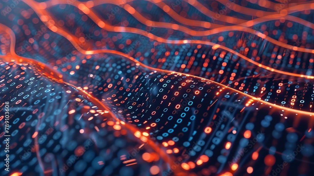 Digital data stream: terabytes of binary code and blockchain encryption in a dynamic neural network - 3D illustration Digital data stream: terabytes of binary code and blockchain encryption in a dynamic neural network - 3D illustration