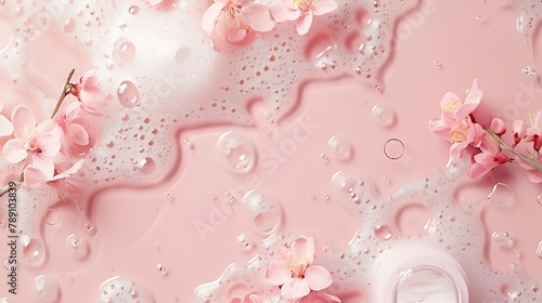 Texture with splashes foam and bubbles with pink podium and flowers Trendy abstract spring summer nature background Flat lay cosmetic mockup : Generative AI photo