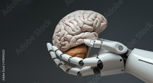 Artificial technology, machine learning concept; robot hand holding a human brain on black background. Ai 