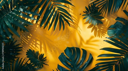 Top view tropical leaves on vibrant background Summer flat lay composition   Generative AI