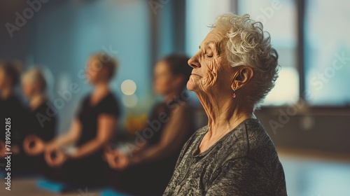 Elderly woman attending a yoga class specifically designed for seniors