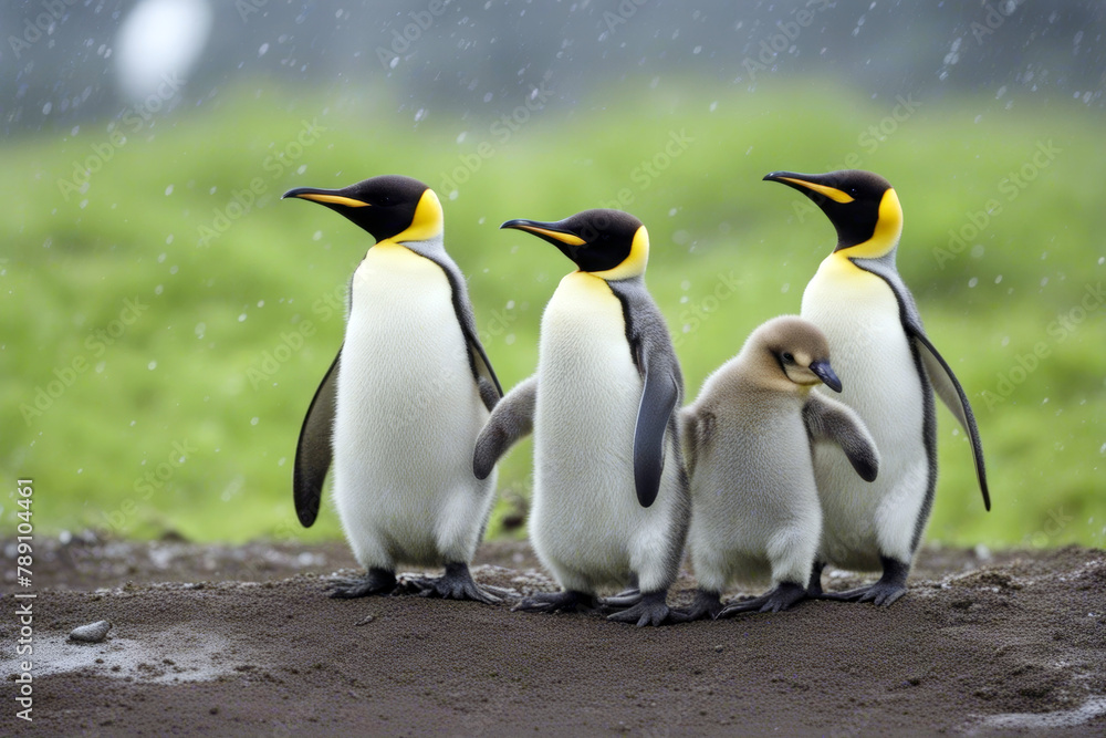 Fototapeta premium Creche Penguin (Aptenodytes patagonicus) King Chicks rain baby young beak bird nature ocean walk waddle funny beach foot sea eye wild outdoors feather brown