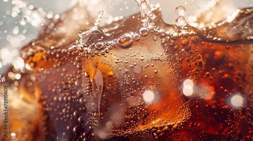 Pouring of Cola and Ice Cola soda and ice splashing fizzing or floating up to top of surface Close up of ice in cola water Texture of carbonate drink with bubbles in glass Cold drink b : Generative AI photo