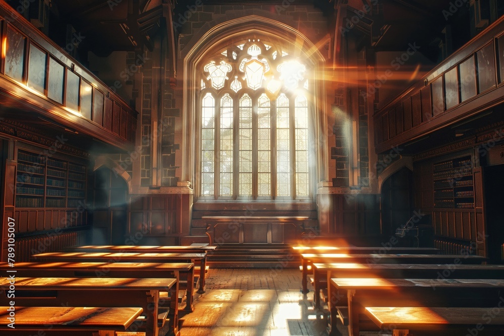 Obraz premium Quaint old heritage lecture hall, bathed in the glow of mystic frostfire through a large window, symbolizing the fusion of tradition and magic, 