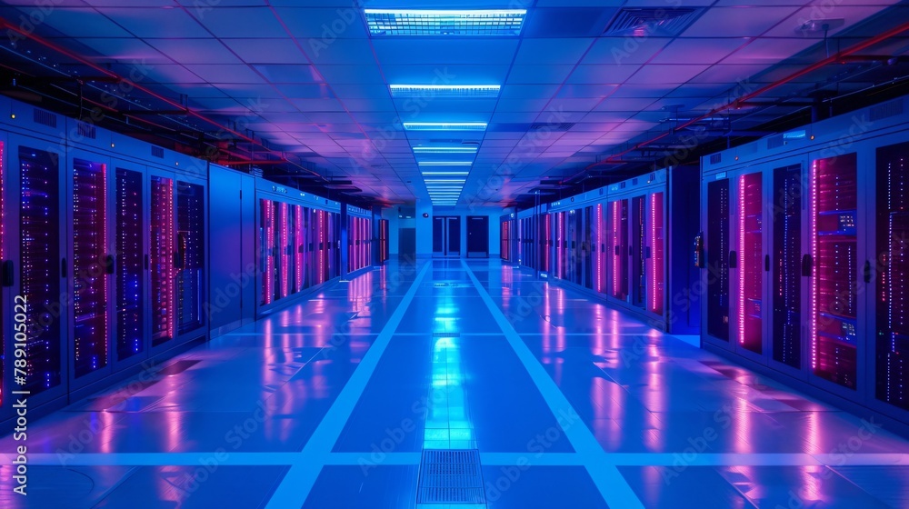Fototapeta premium A long, brightly lit hallway with rows of server racks on either side.