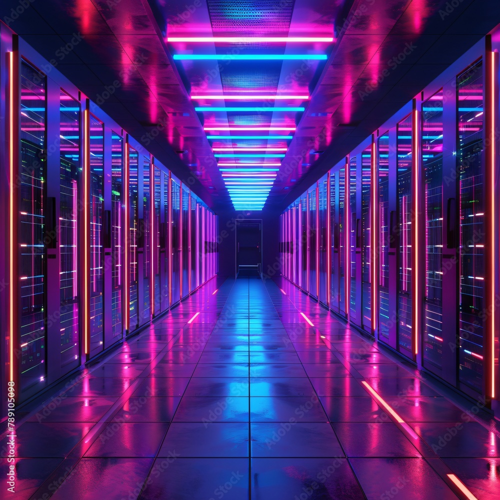 A long, dark hallway with bright neon lights on the walls and ceiling. A long, dark hallway with bright neon lights on the walls and ceiling.