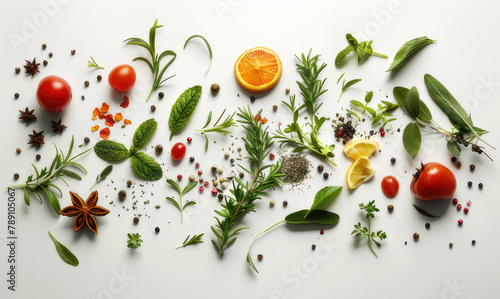 A vibrant composition consisting of a variety of colorful spices, aromatic herbs and seasonings, elegantly arranged on a white background, w