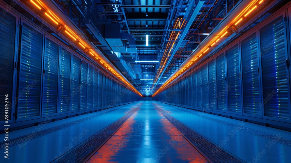 Fototapeta premium A long, futuristic, blue-lit hallway with glowing orange lights on the floor and ceiling.