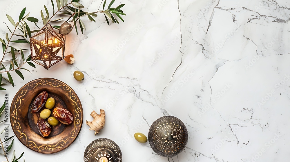 Ramadan Kareem mockup Bronze plate with dates fruit olive branches ...