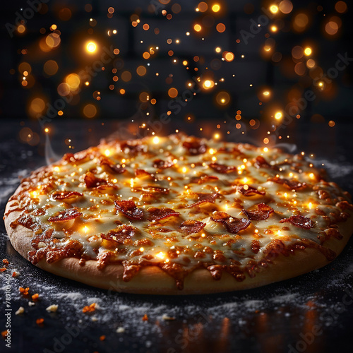 The 3D crispy wood-fired pizza with melting cheese is formed by dough golden and cheese yellow light. In the background in black color. Stylish in the style of light painting.