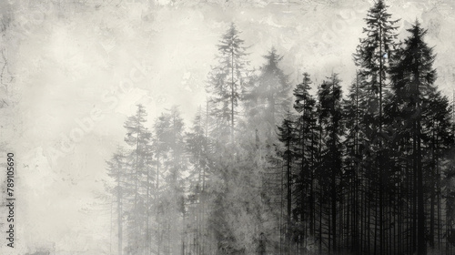 Black and white misty forest scene with dense trees.
