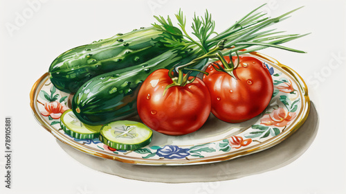 Vegetables tomatoes cucumber green onion on a plate