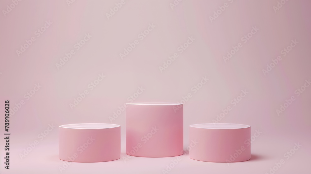Pink 3d podiums, Minimal product display pedestals, Empty studio scene cosmetic beauty and fashion banner background, Cylinder podiums on pink background. Presentation mock up, AI generated Pink 3d podiums, Minimal product display pedestals, Empty studio scene cosmetic beauty and fashion banner background, Cylinder podiums on pink background. Presentation mock up, AI generated
