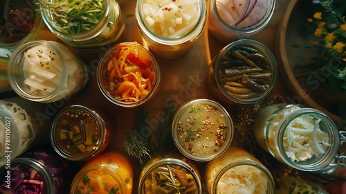 Fermented food overhead flat lay shot Homemade vegetable preserves Sauerkraut pickles kimchi etc in glass jars Healthy probiotic diet : Generative AI