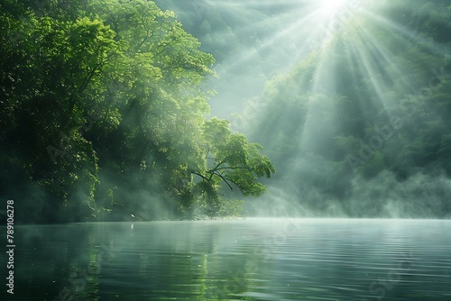   A serene lake nestled in a lush green forest  with mist rising from the water and sunlight filtering through the trees