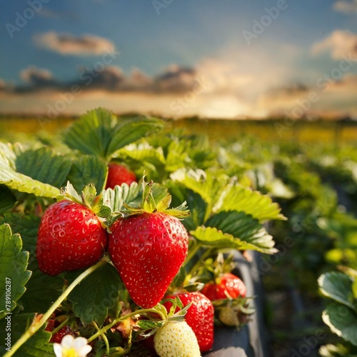 Reife Erdbeeren auf Erdbeerfeld - Blüten blühen am Feld - Erdbeerblüten - reif und saftig - schön