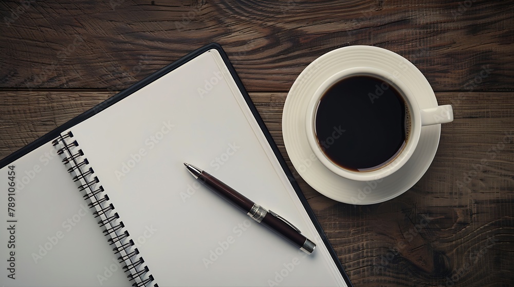 desk office with laptop blank notepad coffee cup and pen on wood table Flat lay top view copy spce : Generative AI desk office with laptop blank notepad coffee cup and pen on wood table Flat lay top view copy spce : Generative AI
