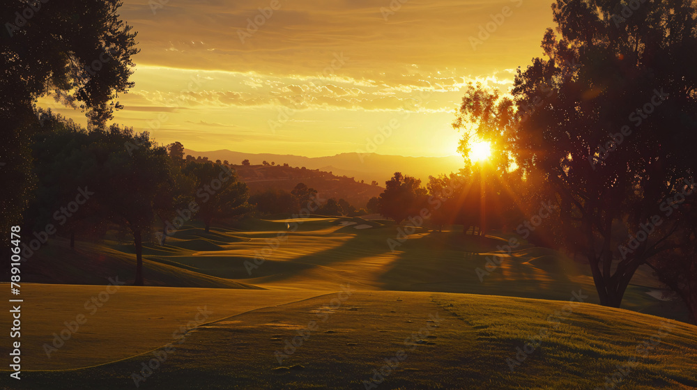View of beautiful sunset on golf course