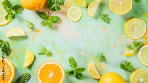 Citrus slices and mint herbs frame on retro mint pastel background with copyspace from above Top view of lemon and orange refreshment Summer fruit smoothie minimal banner design   Generative AI