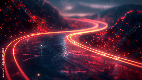 Light trail wave, fire path trace line, car lights, optic fiber and incandescence curve twirl. High speed road in night time abstraction. Sport car is made of polygons, lines and connected dots. photo