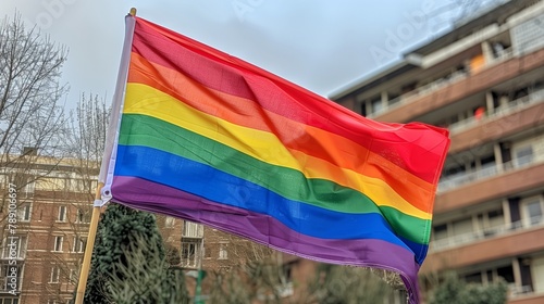 Rainbow Pride Flag Waving Against Urban Background