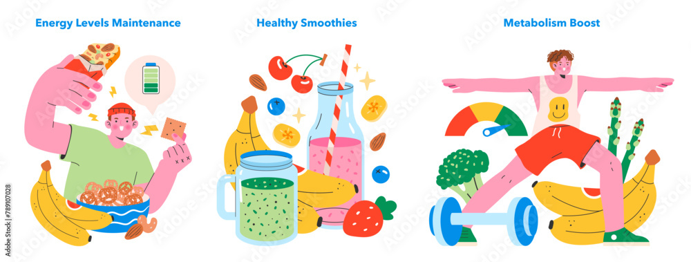 Healthy Snacking set. Vector illustration.