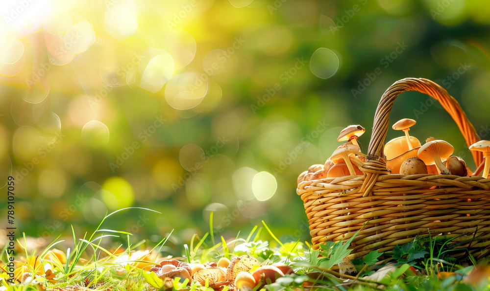 A wicker backet full of the many mushrooms put in the green forest. A wicker backet full of the many mushrooms put in the green forest.