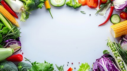 Food background border frame of colorful fresh produce raw vegetables corn carrot chilli cucumber purple cabbage spinach rosemary herb plenty of copyspace : Generative AI