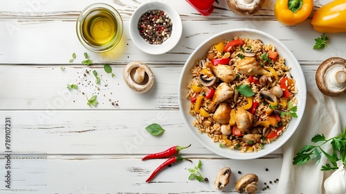 Chicken Paella of arborio rice chicken fillet mushrooms julienned bell pepper and spices in white bowl on white wood table with ingredients horizontal view flat lay : Generative AI photo
