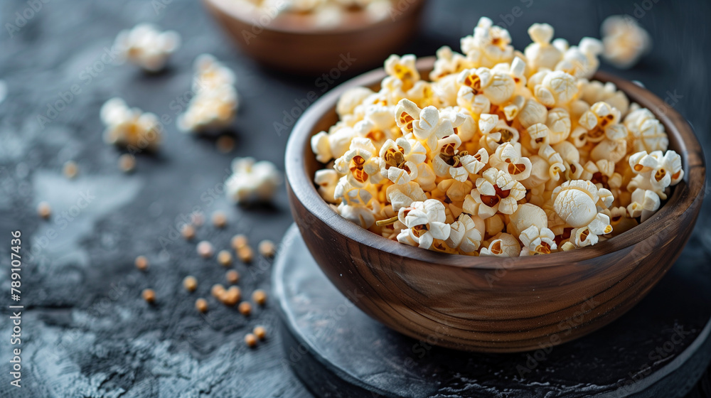 A bowl of popcorn is sitting on a table A bowl of popcorn is sitting on a table