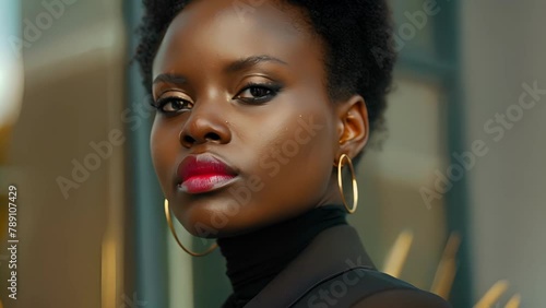 In a sleek bodysuit and tailored blazer this black woman is the epitome of fierce business fashion. Her gold hoop earrings and bold red lip add a touch of edge to her look making it . photo