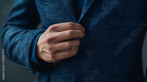 Business man fastens a button on blue tweed blazer with dark blue shirt hands closeup : Generative AI