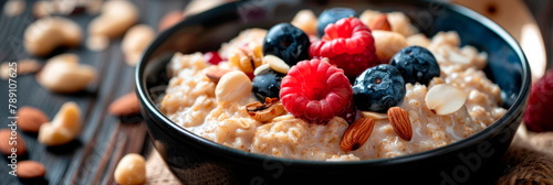 bowl of creamy oatmeal, topped with fresh fruit and nuts, showcasing the wholesome texture and flavor of the breakfast dish.Generative AI photo