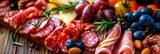 charcuterie board, showcasing an assortment of cured meats, cheeses, fruits, and nuts in vibrant detail. Generative AI