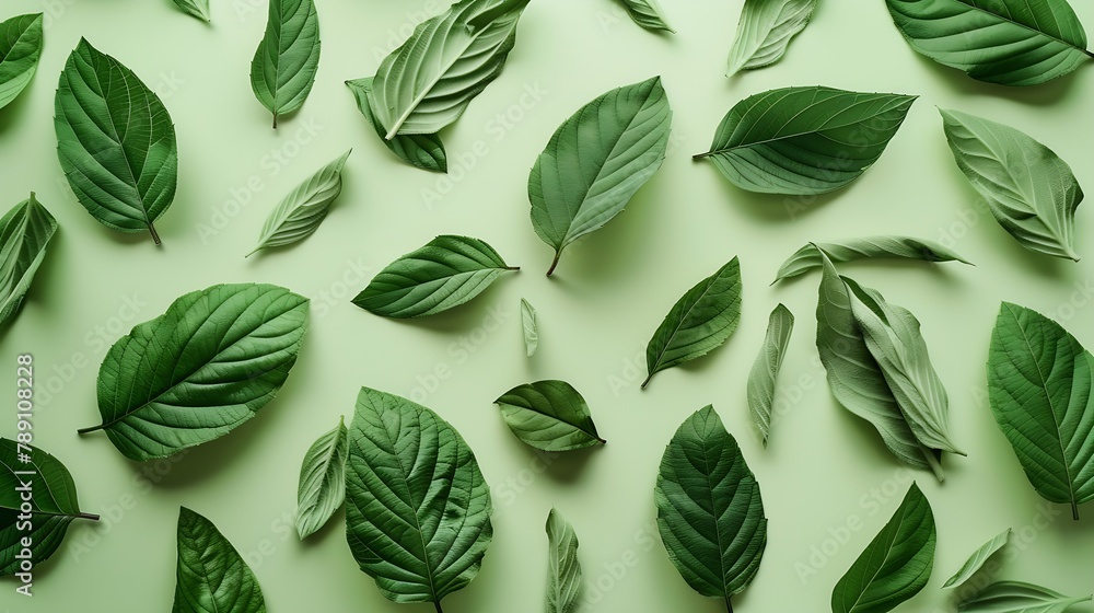 Fototapeta premium Creative layout made of green leaves Flat lay Nature concept : Generative AI