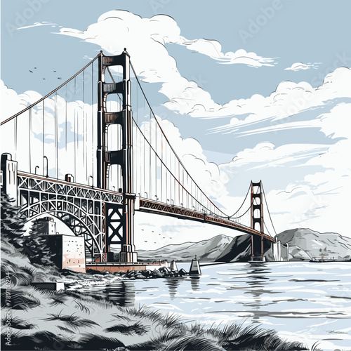 Golden Gate Bridge. Golden Gate Bridge hand-drawn comic illustration. Vector doodle style cartoon illustration