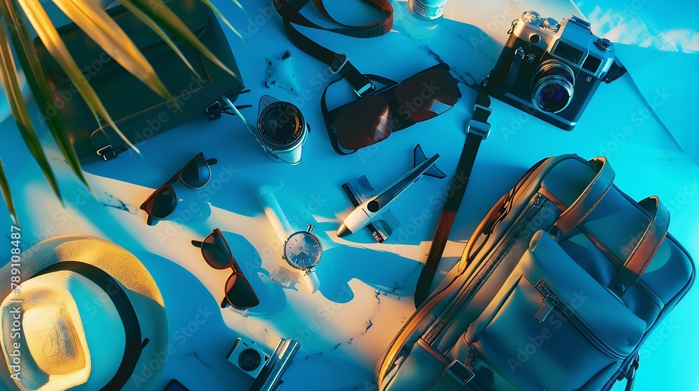 Overhead view of Travelers accessories Essential vacation items Travel concept background : Generative AI Overhead view of Travelers accessories Essential vacation items Travel concept background : Generative AI
