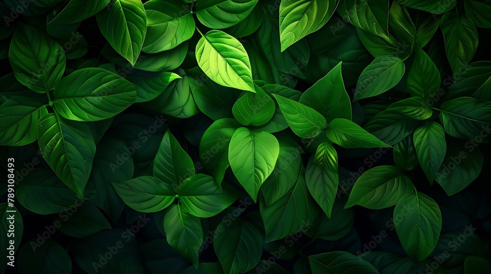 Naklejka premium Green leaves background Green leaves color tone dark in the morning : Generative AI