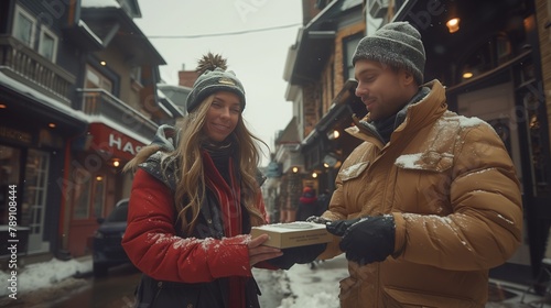Mans kind gesture of sharing food with woman on snowy street