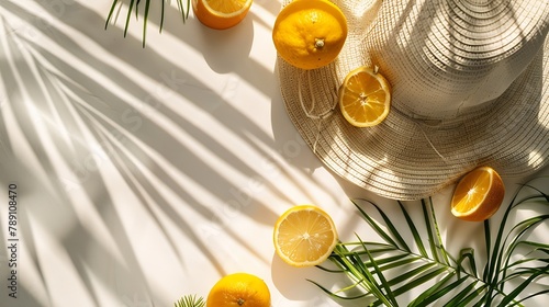 Summer fashion flat lay with straw hat lemons and oranges on white background Palm shadow sun sunlight Holiday party vacation travel tropical concept Flat lay top view copy space : Generative AI