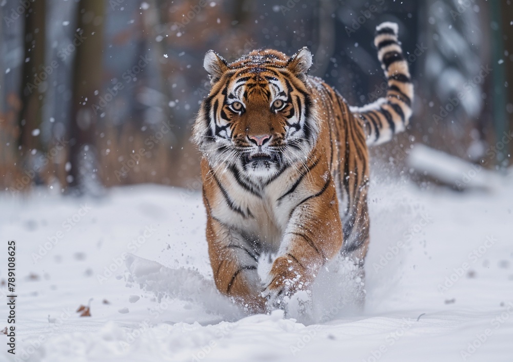 Fototapeta premium Tiger running in the snow.