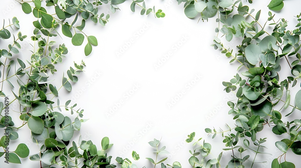 Round frame with branches eucalyptus and leaves isolated on white background lay flat top view : Generative AI