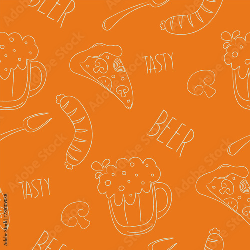 Hand-drawn DoodleSeamless Pattern of beer mugs, pizza slices, sausages, and mushrooms on a vibrant orange background. Design for textile, wallpaper, wrapping paper.