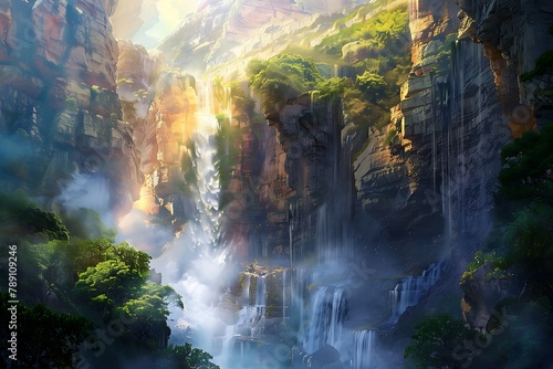 : A raging waterfall cascading down a cliff face, mist rising from the churning pool below, sunlight creating a vibrant arc.