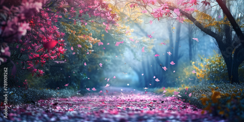 A beautiful scene of a forest with pink and yellow leaves falling from the trees photo