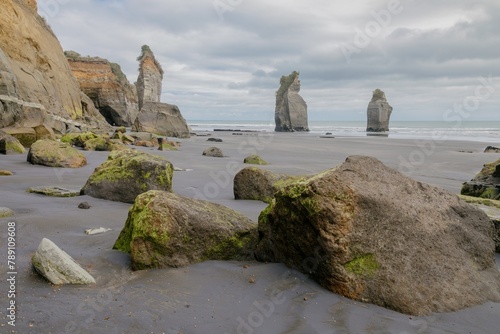 Abstract rock formations at the Three Sisters, Tongaporutu, Taranaki, New Zealand. photo