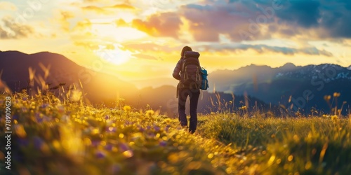 A person is walking through a field of flowers with a backpack on
