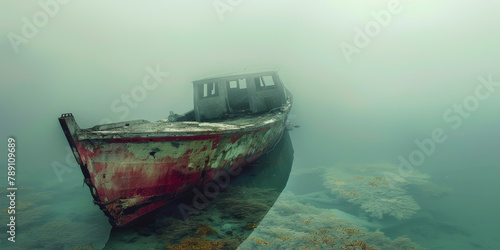 A boat is floating in the water with a person standing on the shore photo